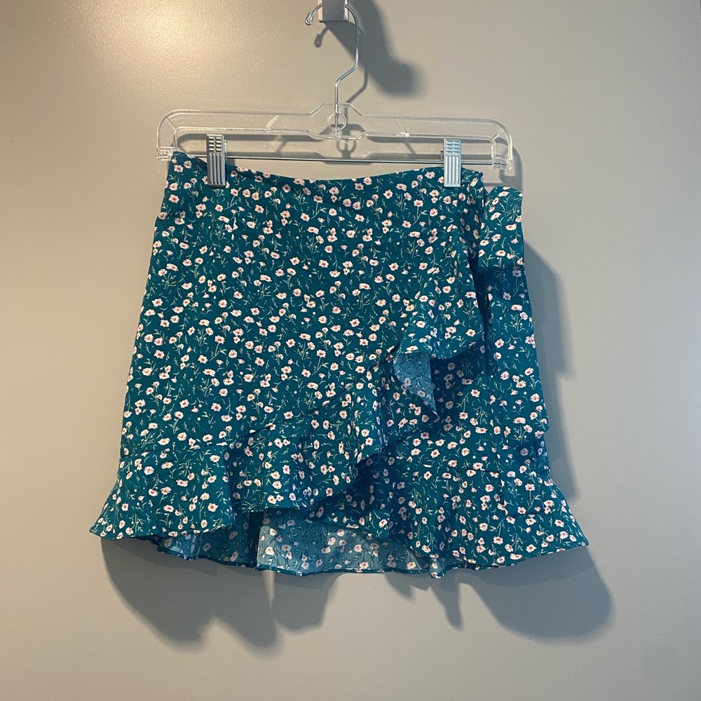Teal Floral Wrap Skirt
